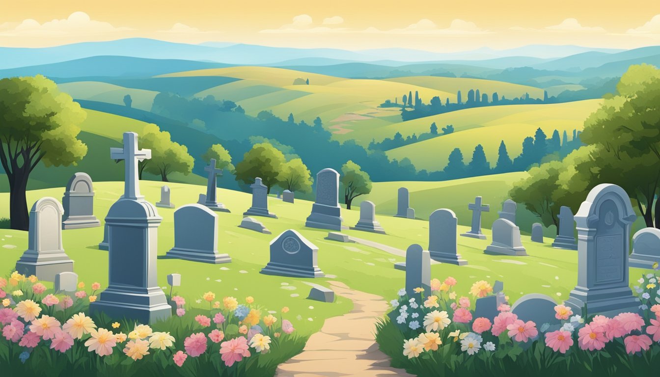 A serene cemetery with gravestones and flowers, set against a backdrop of rolling hills and a clear blue sky