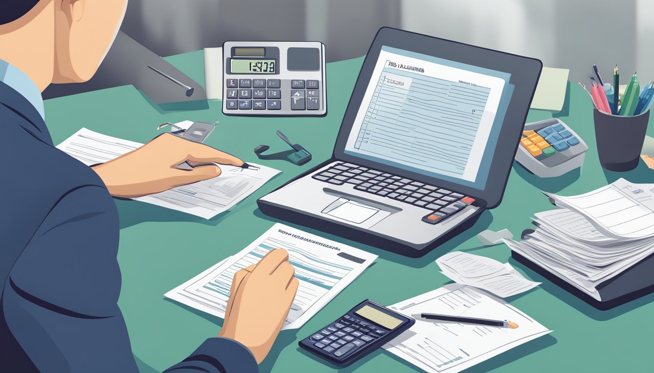 A person reviewing documents at a desk with a calculator, tax forms, and a pamphlet on critical illness cover