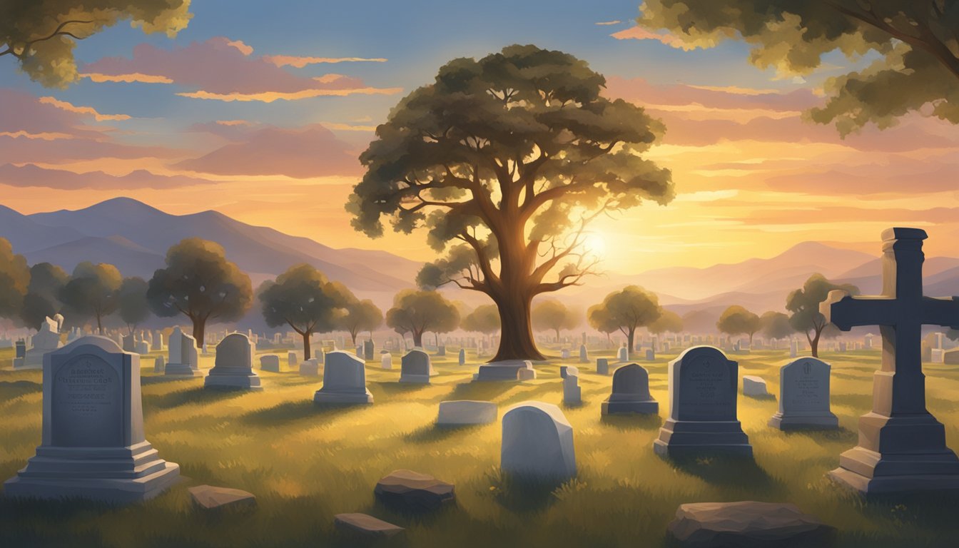 A sturdy oak tree stands tall in a tranquil cemetery, surrounded by rows of headstones. The sun sets behind distant mountains, casting a warm glow over the peaceful scene