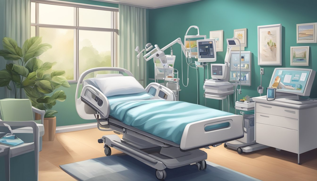 A hospital bed with medical equipment, surrounded by family photos and comforting items