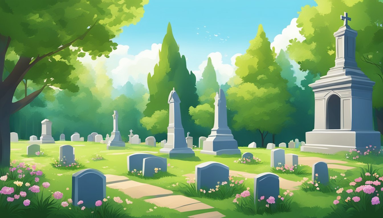 A serene cemetery with gravestones under a clear blue sky, surrounded by green trees and flowers, with a peaceful and respectful atmosphere