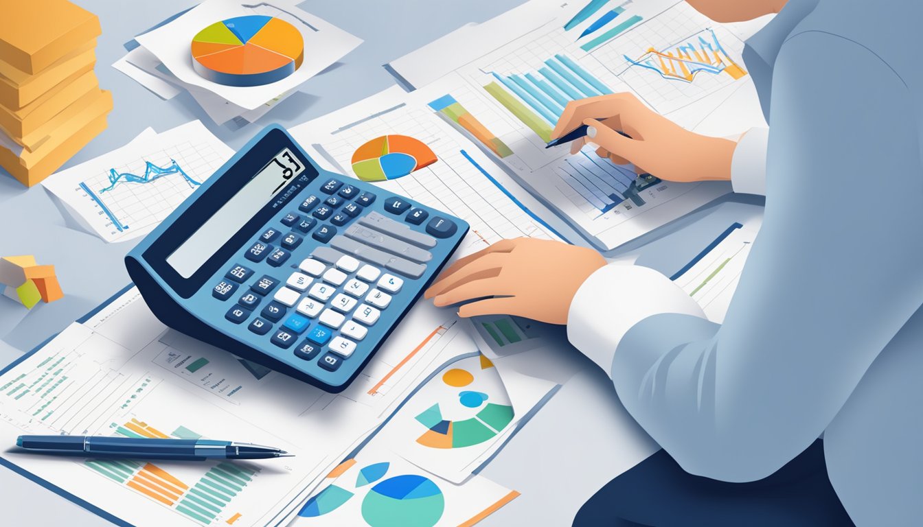 A person reviewing insurance policy documents with a calculator and pen, surrounded by charts and graphs