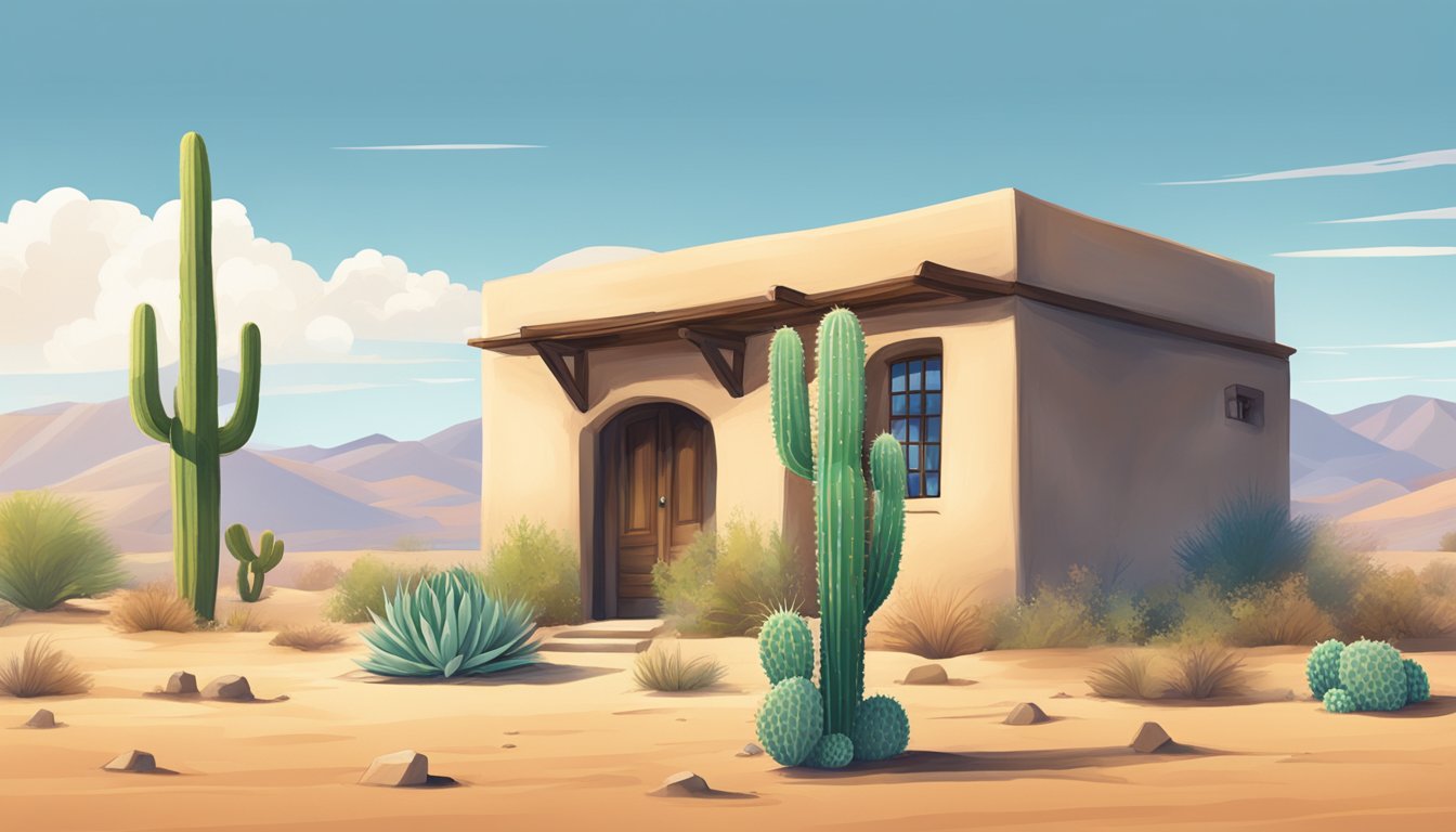 A serene desert landscape with a small adobe building, a cactus, and a clear blue sky