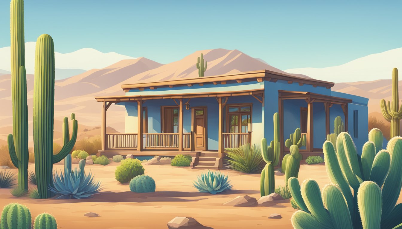 A serene desert landscape with a traditional adobe-style building, a cactus garden, and a clear blue sky