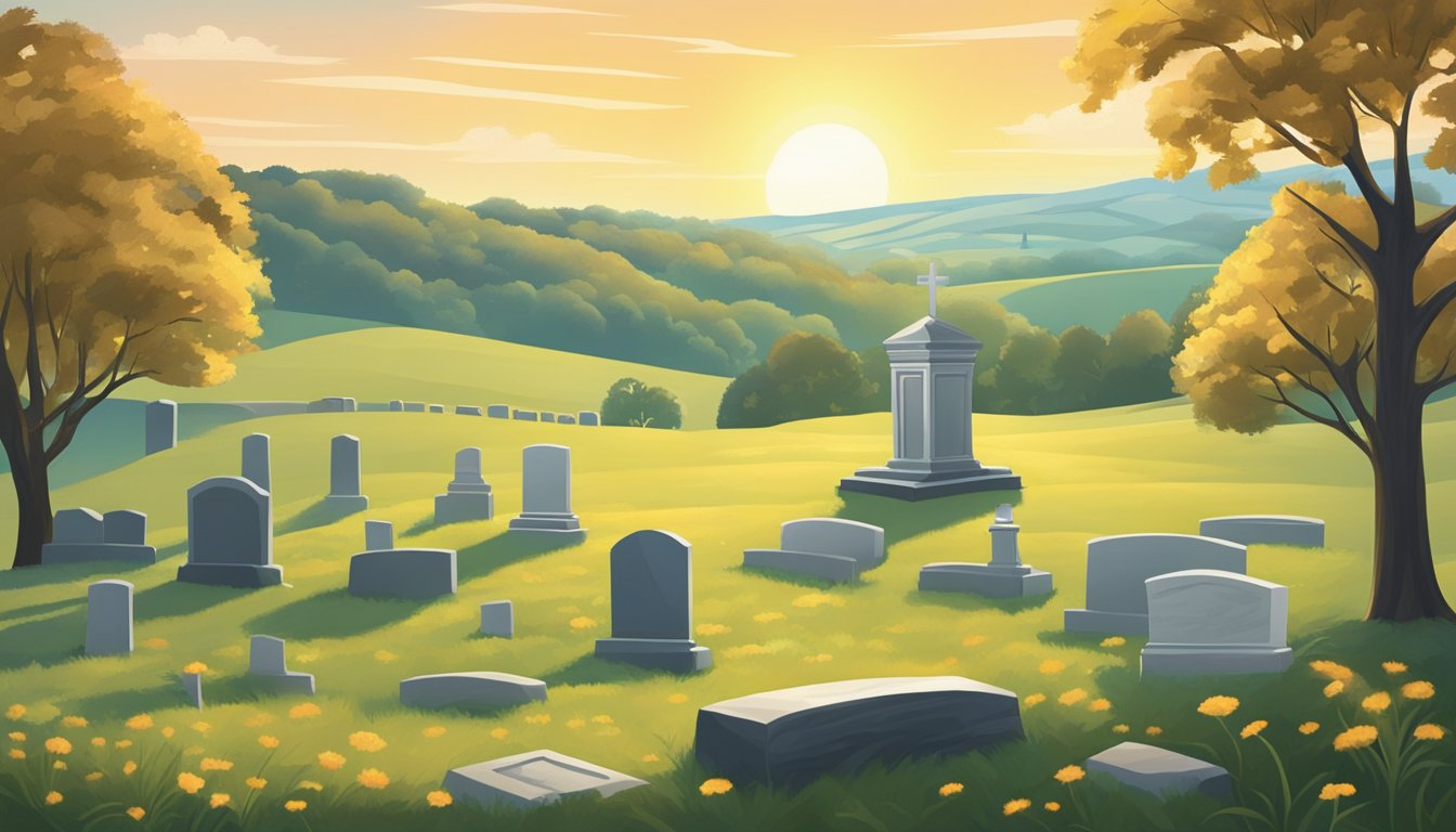 A serene cemetery nestled in the rolling hills of Ohio, with a solitary headstone bathed in warm sunlight