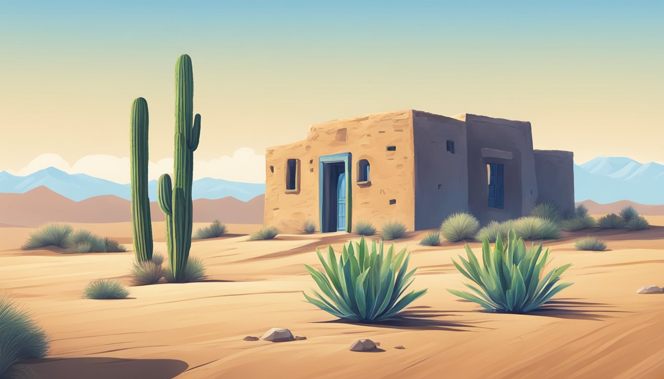 A serene desert landscape with a lone adobe building, a cactus, and a clear blue sky