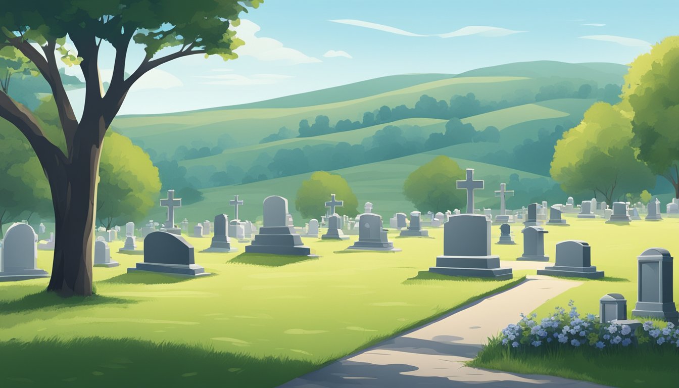 A serene cemetery with a peaceful atmosphere, surrounded by rolling hills and a clear blue sky, with a small burial insurance office nearby