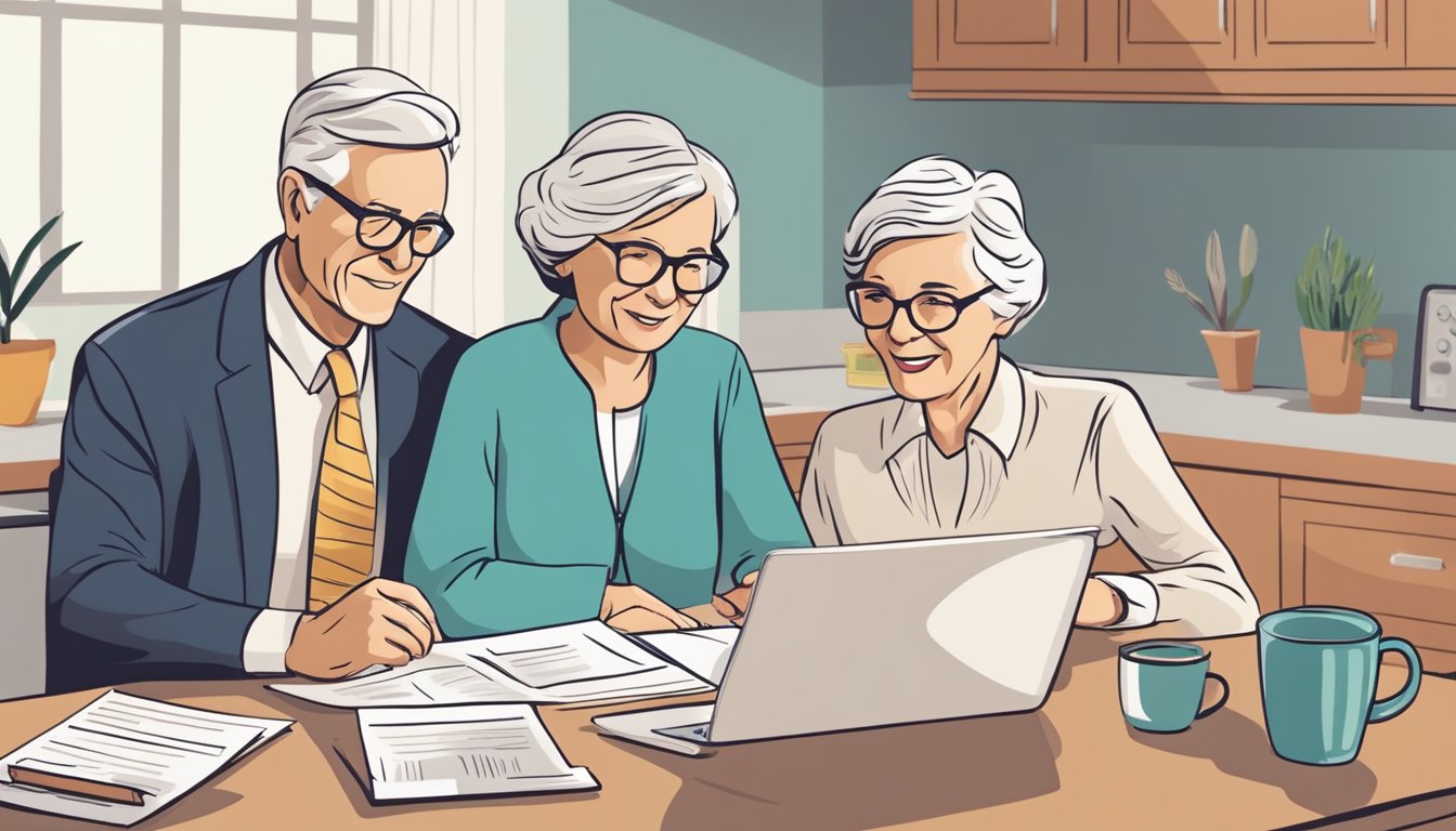 A senior couple sitting at a kitchen table, surrounded by paperwork and a laptop, discussing burial insurance options with a representative