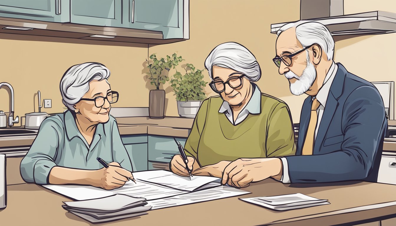 An elderly couple sitting at a kitchen table, reviewing paperwork with a representative. The representative holds a pen and points to a document