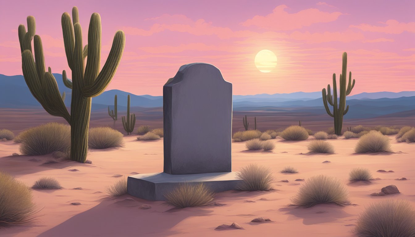 A serene desert landscape with a lone, weathered headstone under a soft, pink sunset in New Mexico