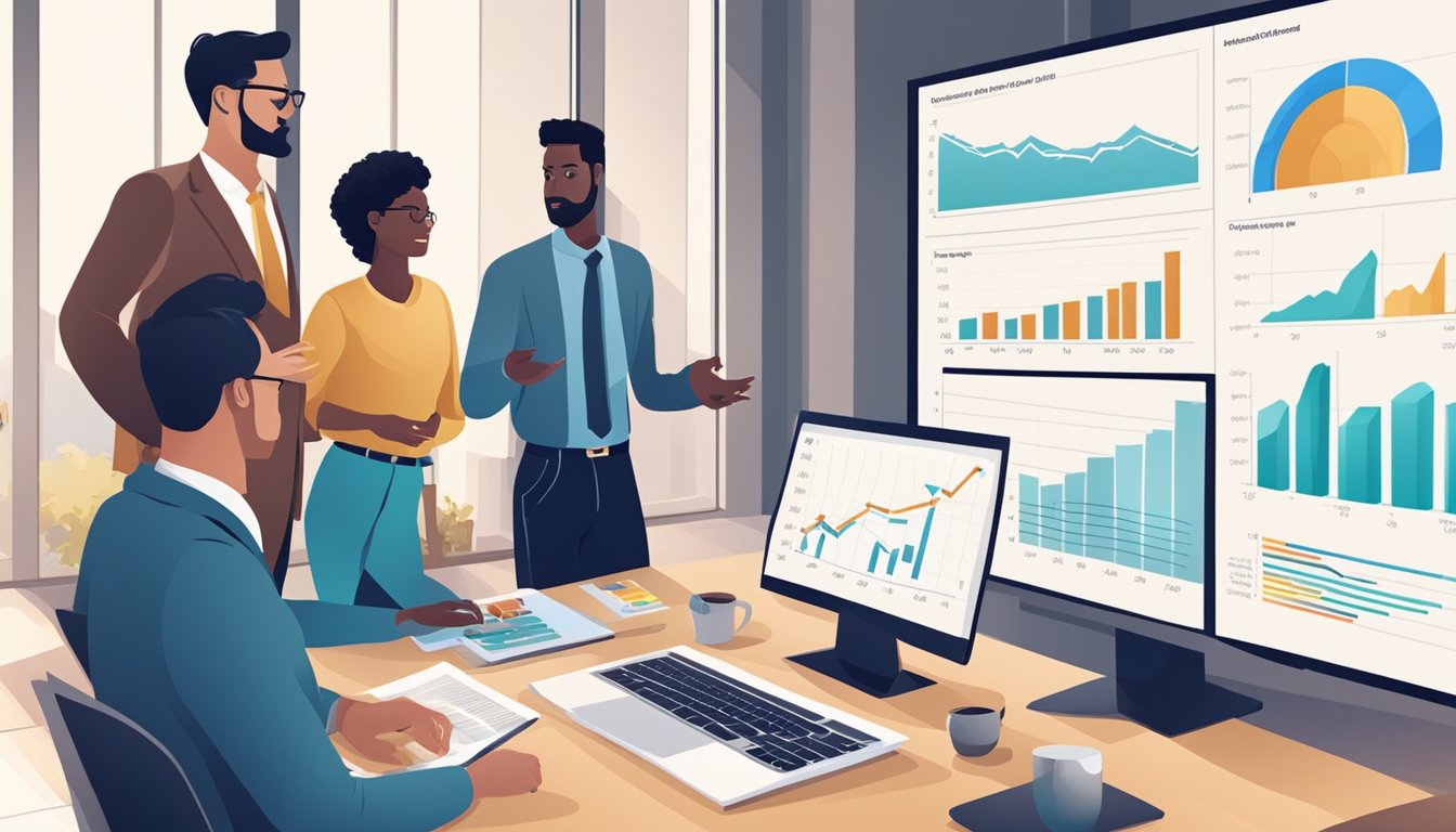 A group of diverse individuals discussing financial planning with charts and graphs displayed on a large screen