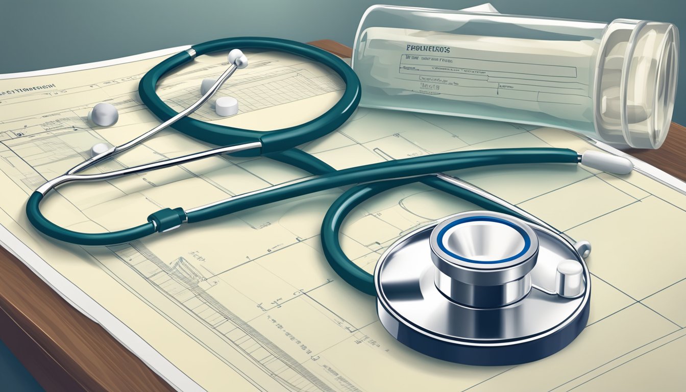 A stethoscope resting on a medical chart, alongside a pill bottle and a hospital bed, symbolizing serious illness cover