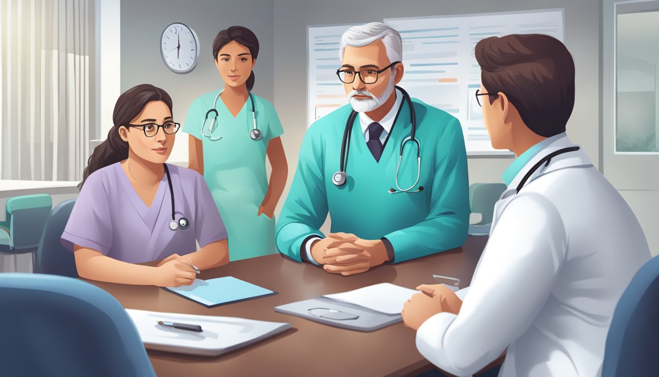 A doctor discussing serious illness cover with a patient's family in a hospital conference room