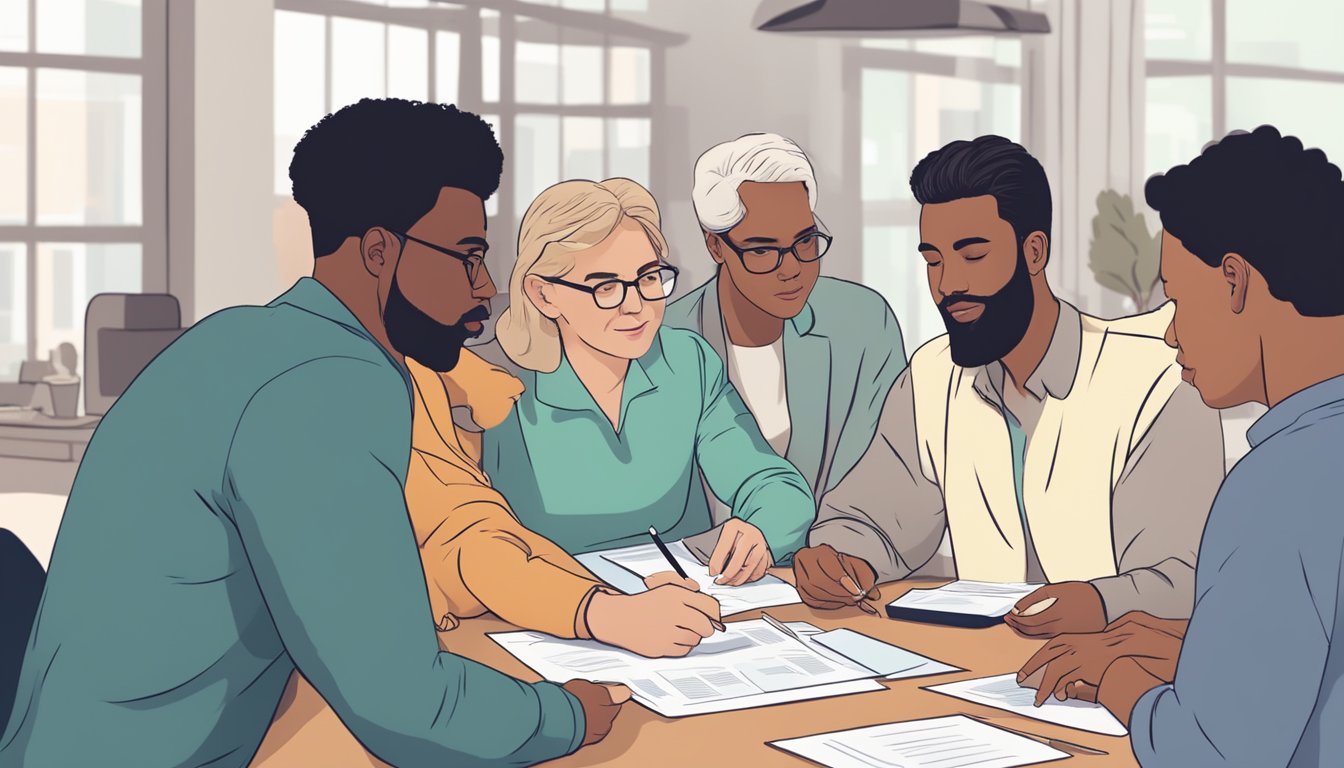 A group of diverse individuals gather around a table, discussing and reviewing documents related to critical illness cover