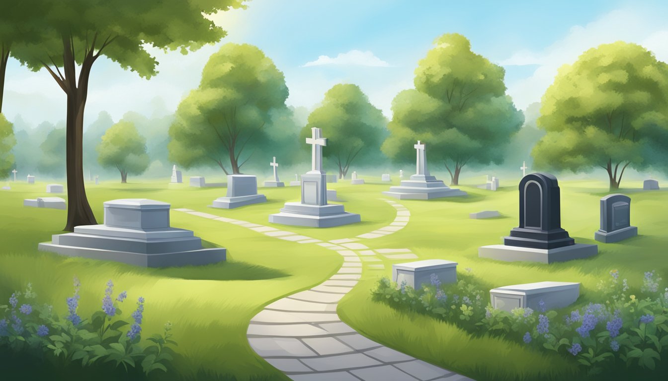 A serene cemetery with a cremation burial plot, surrounded by peaceful greenery and a tranquil atmosphere