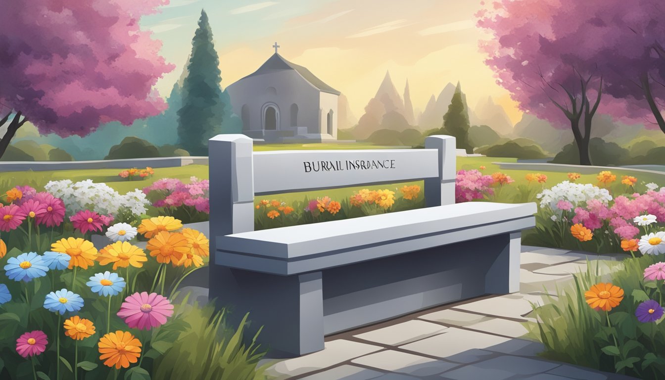 A peaceful cemetery with a colorful array of flowers and a serene atmosphere, with a burial insurance brochure laying on a stone bench