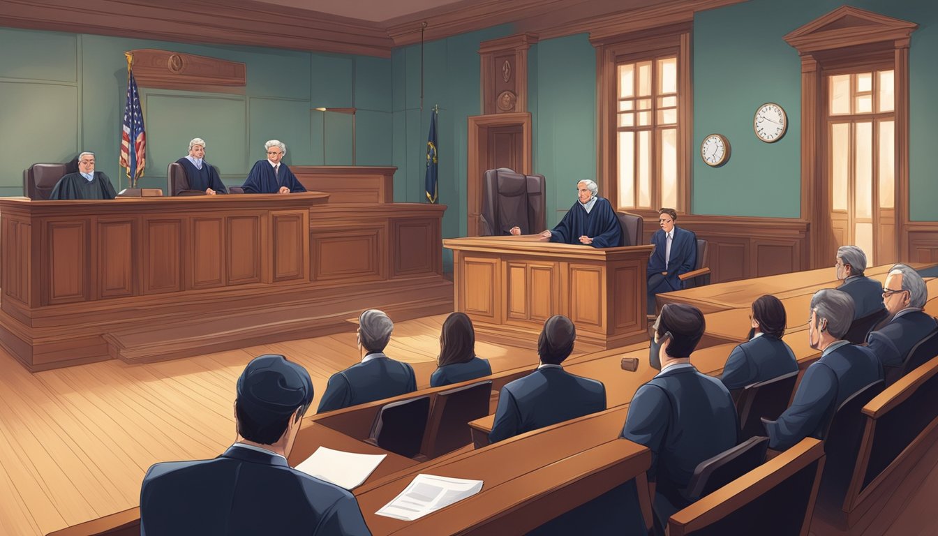 A courtroom with a judge and lawyers discussing critical illness cover