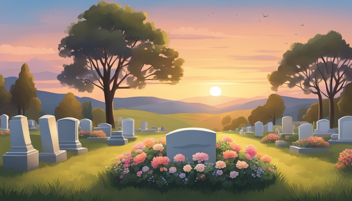 A serene cemetery with a backdrop of rolling hills and a peaceful sunset. A headstone and a small bouquet of flowers sit in the foreground