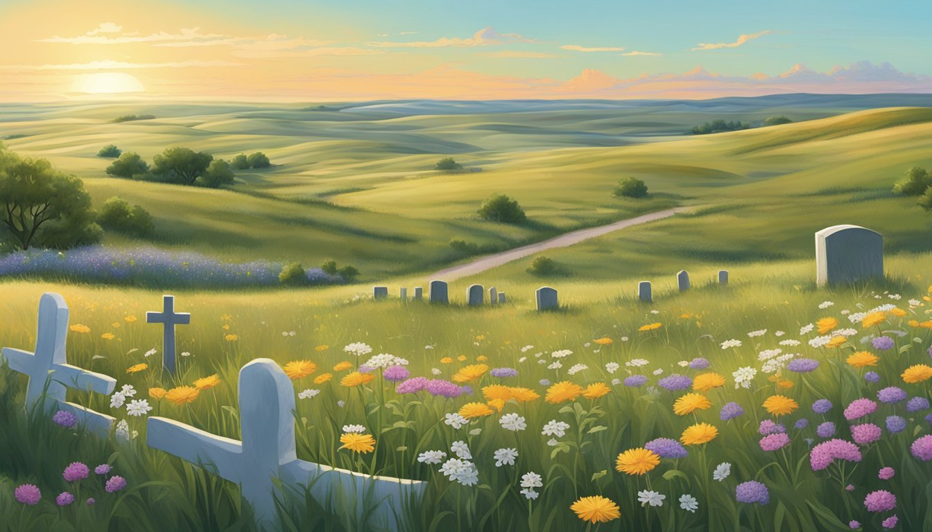 A serene prairie landscape with a small, peaceful cemetery nestled among rolling hills and wildflowers in North Dakota