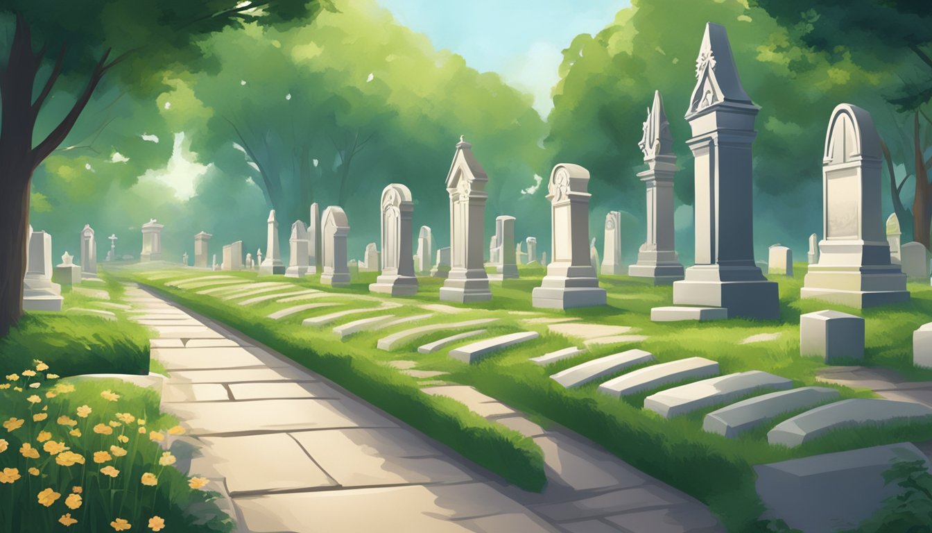 A serene cemetery with rows of gravestones, surrounded by lush greenery and a peaceful atmosphere