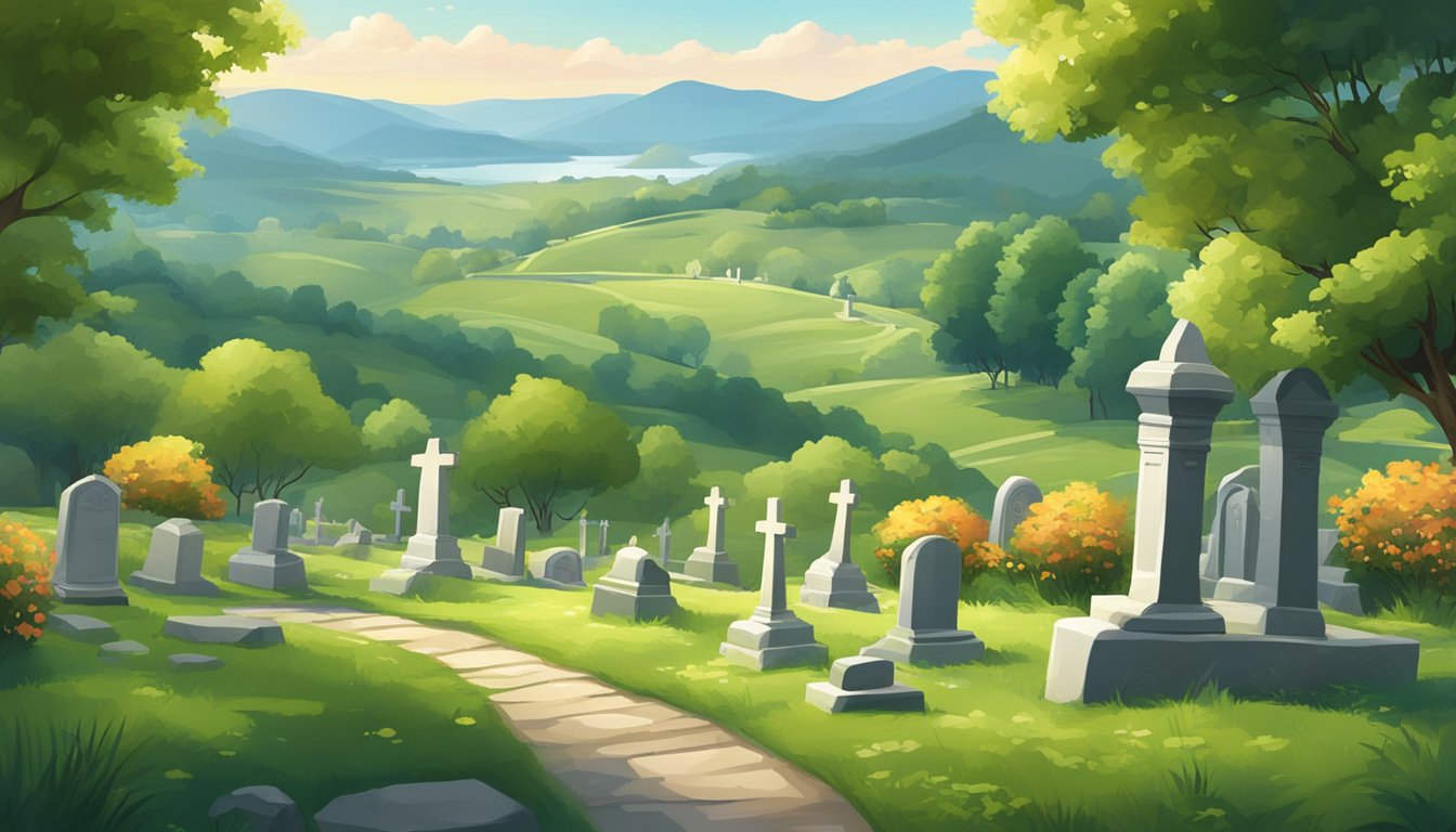 A serene landscape with a peaceful cemetery nestled among rolling hills and surrounded by lush greenery