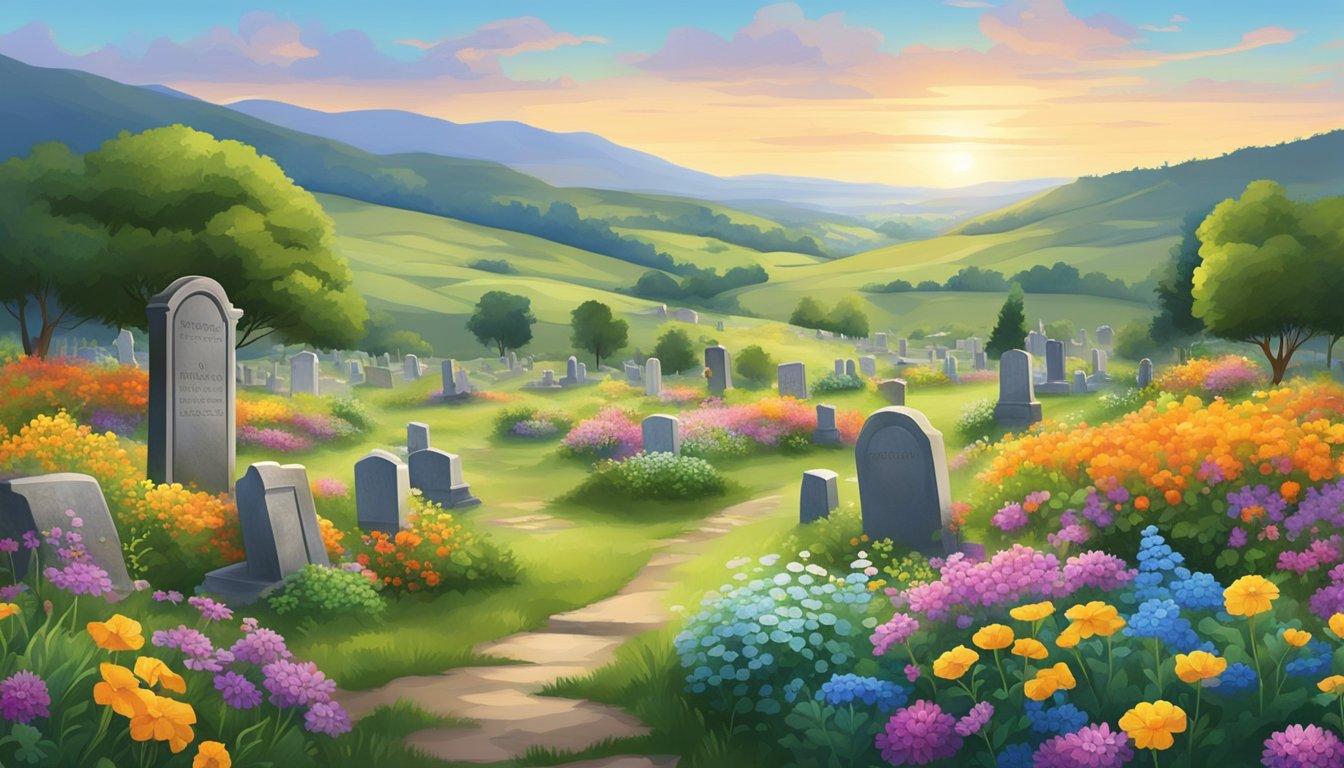 A serene landscape with a peaceful cemetery nestled among rolling hills, surrounded by vibrant greenery and colorful wildflowers