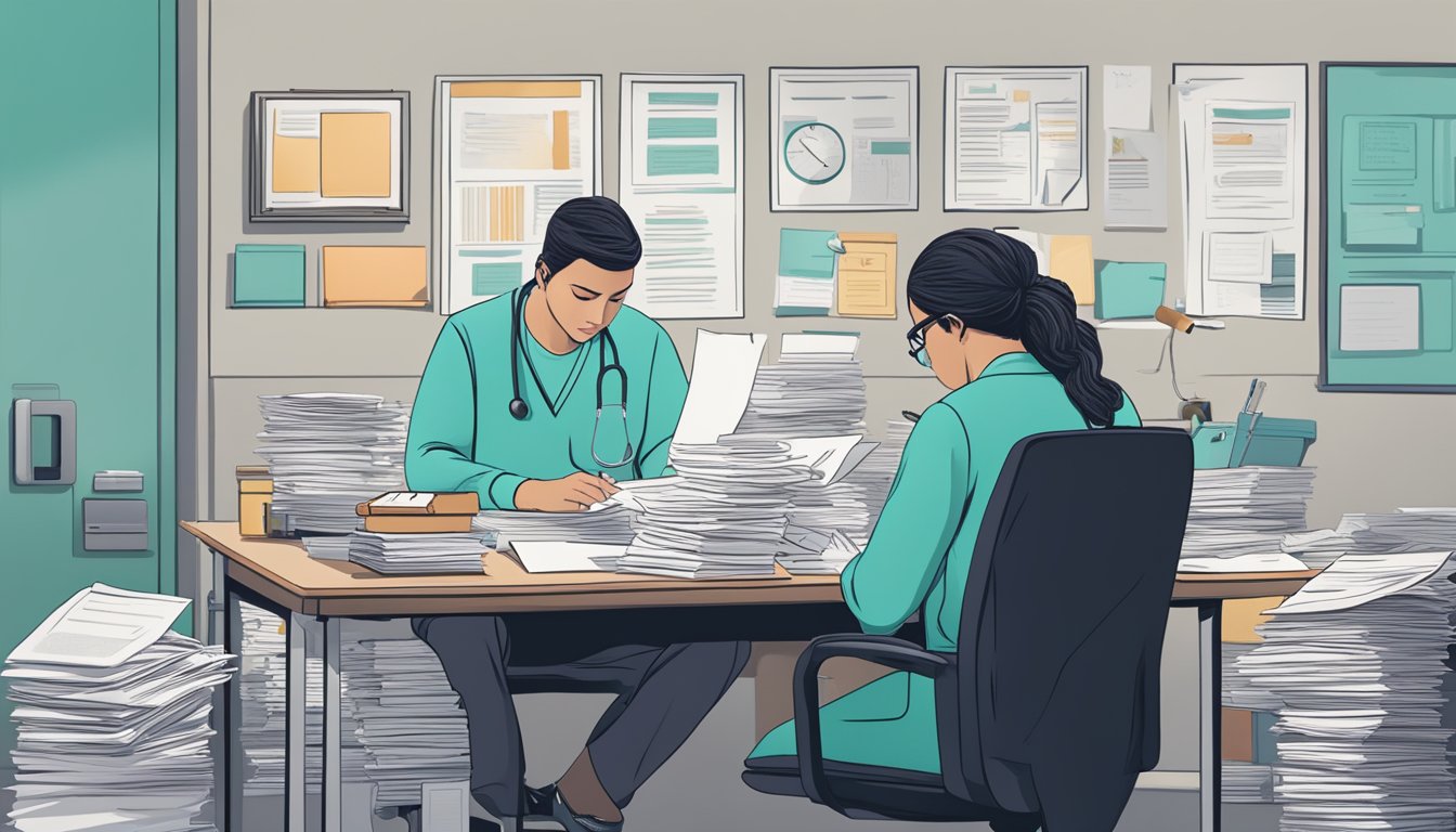 A person sitting at a desk, surrounded by paperwork and medical documents, deep in thought while considering their options for critical illness cover