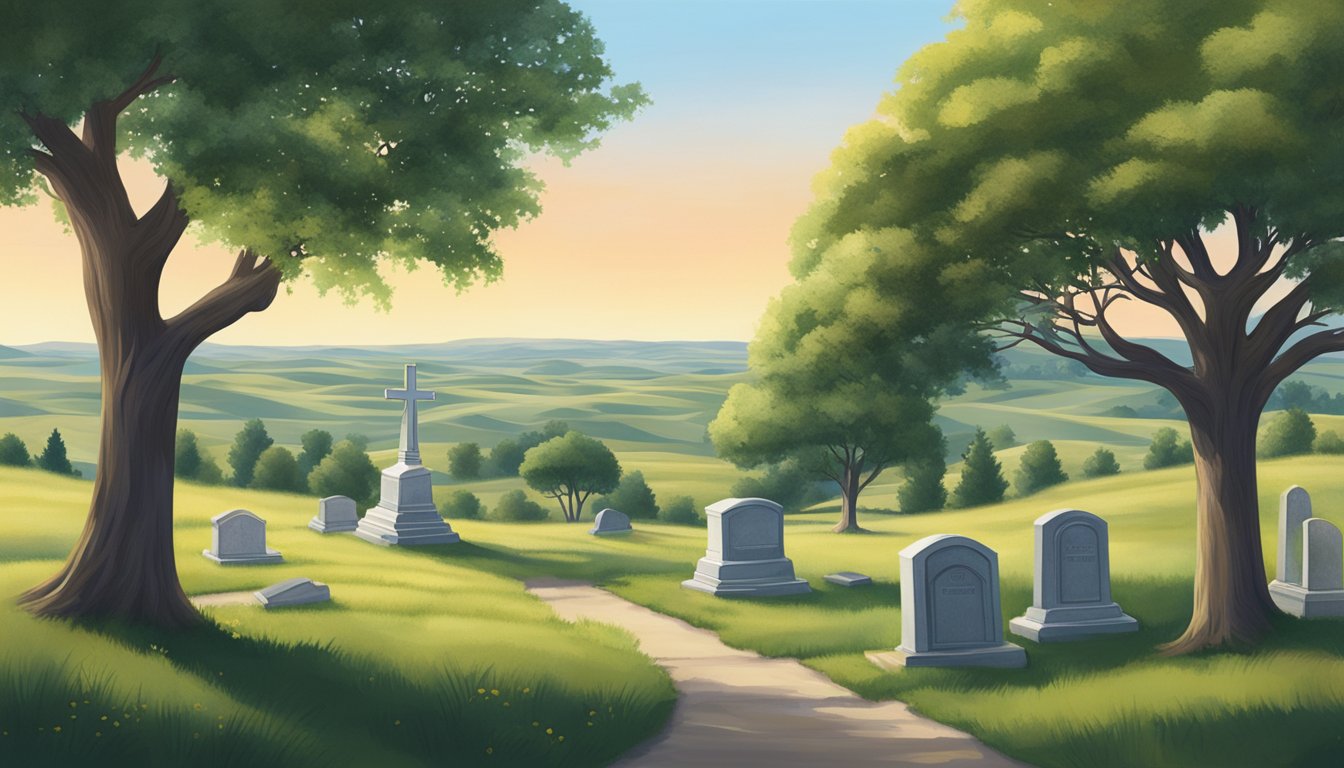 A serene landscape of rolling hills and a peaceful cemetery nestled among the trees in North Dakota