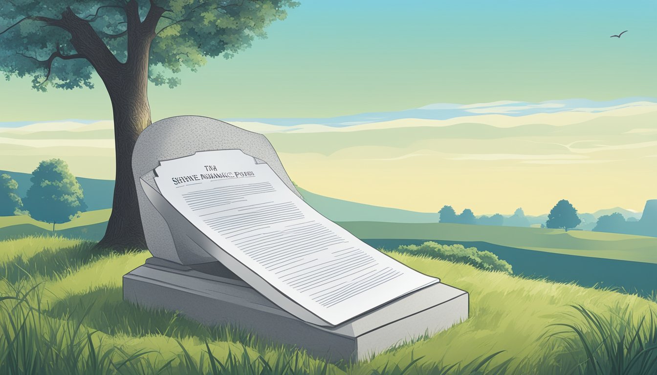 A serene landscape with a gravestone and a symbolic burial insurance policy document under a clear blue sky