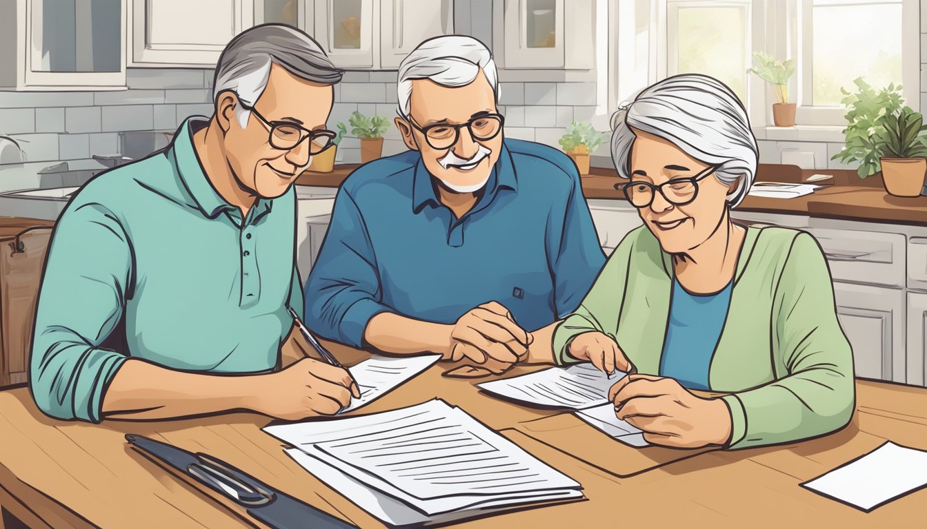 A senior couple sitting at a kitchen table, reviewing paperwork with a burial insurance agent. The agent explains eligibility requirements for coverage in North Dakota