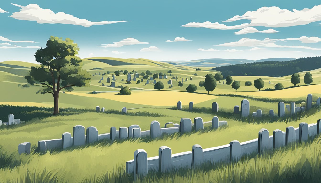 A serene landscape in South Dakota with a small cemetery surrounded by rolling hills and a clear blue sky