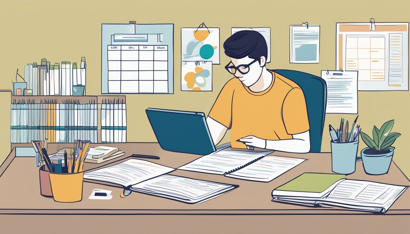 A person researching critical illness cover while organizing a calendar and financial documents at a desk