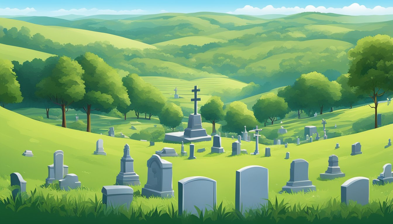 A serene landscape with a peaceful cemetery nestled among rolling hills, surrounded by lush greenery and a clear blue sky overhead