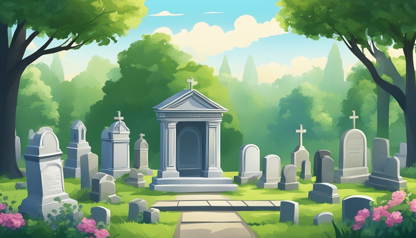 A serene cemetery with gravestones surrounded by lush greenery and a peaceful atmosphere, with a clear blue sky overhead