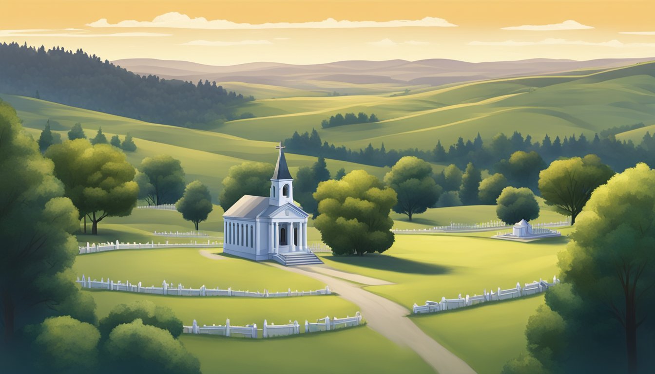 A serene cemetery with rolling hills and a small chapel nestled among tall trees, surrounded by peaceful countryside in South Dakota