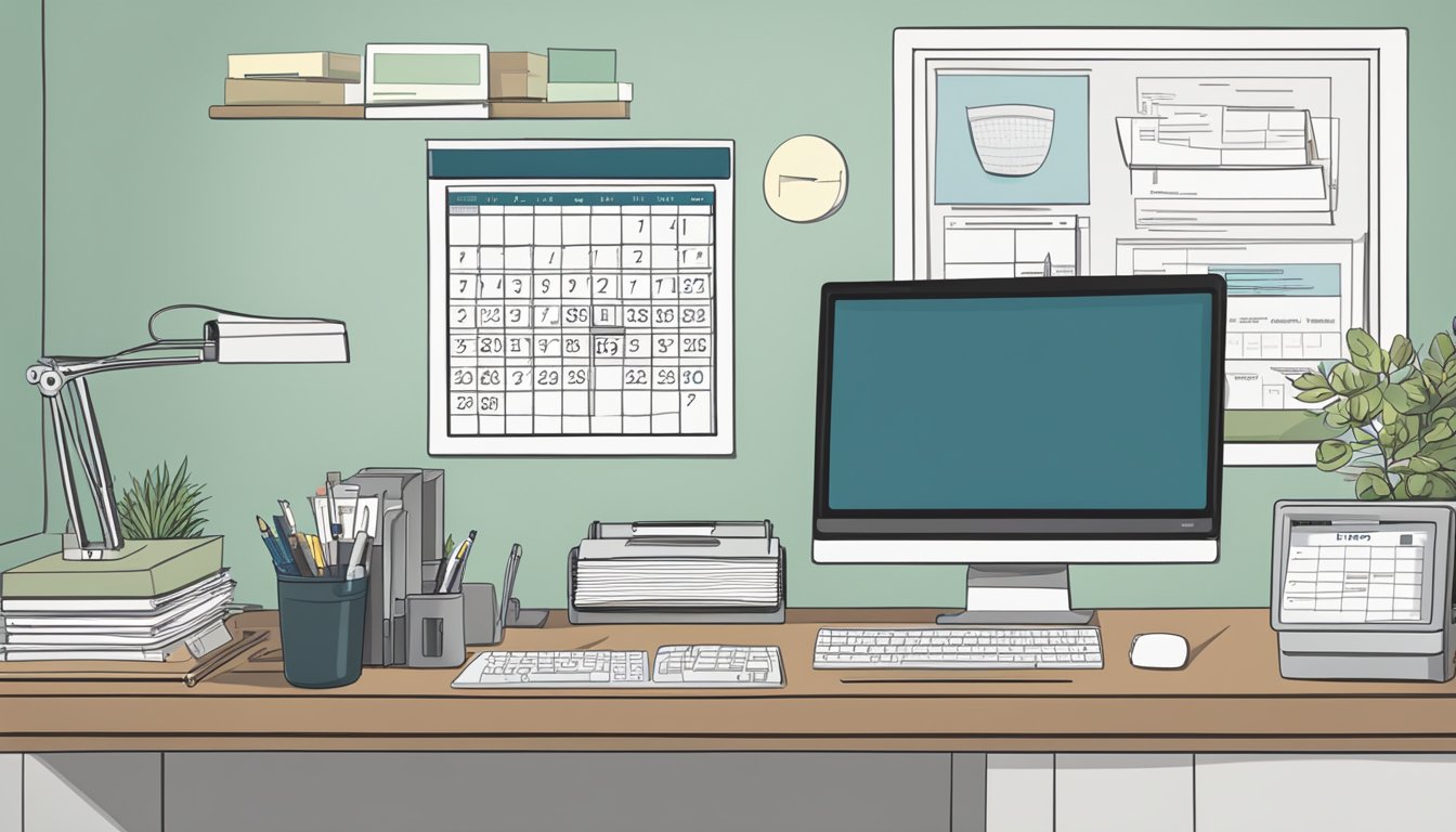 A desk with a computer, paperwork, and a calculator. A calendar on the wall showing important dates. A file labeled "Burial Insurance" open on the desk