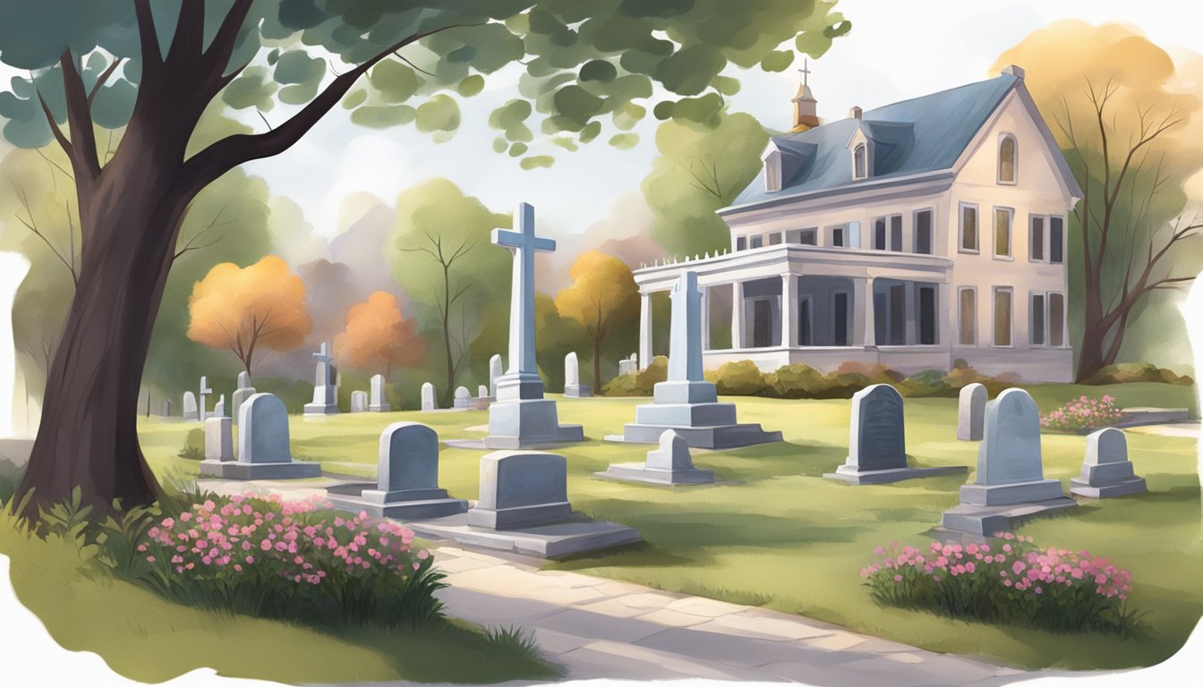 A serene landscape with a peaceful cemetery and a comforting support group meeting in a cozy building nearby