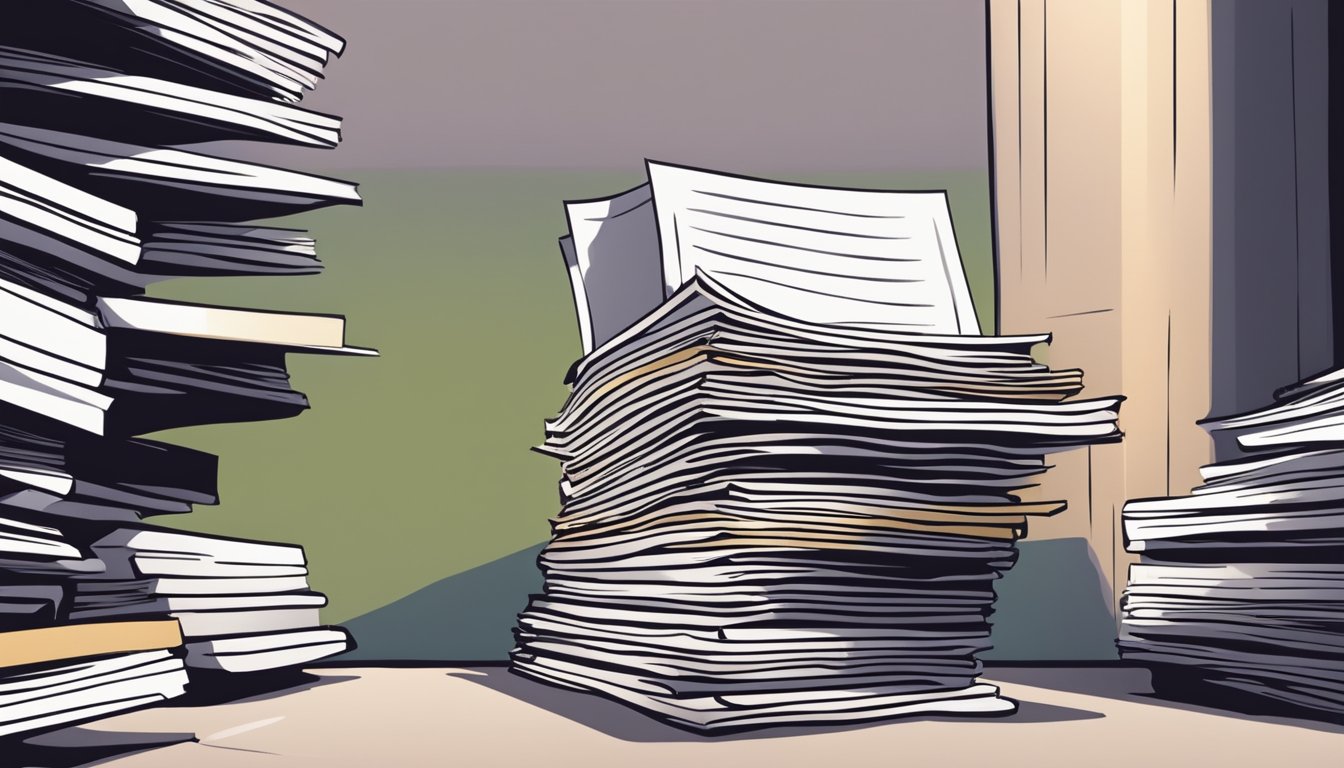 A stack of policy documents surrounded by ominous shadows