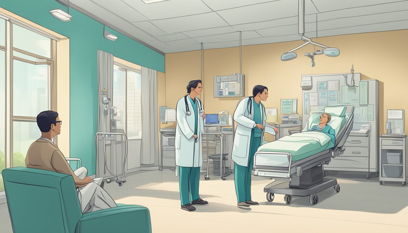 A hospital room with a doctor explaining a dread disease insurance policy to a concerned family