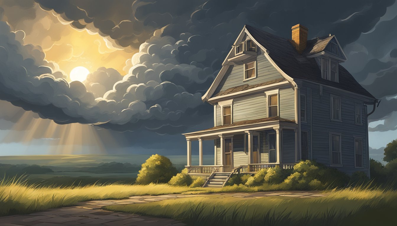 A dark storm cloud looms over a crumbling house, while a bright sun shines on a sturdy, well-maintained home