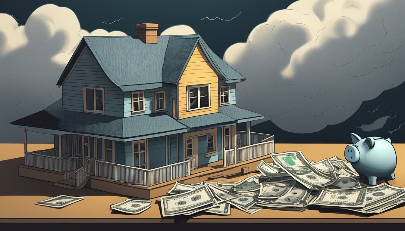 A dark storm cloud looms over a house, casting a shadow on the roof. A cracked piggy bank sits on a table, surrounded by unpaid bills