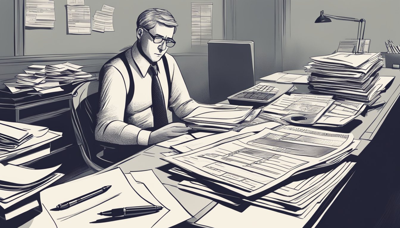 A desk cluttered with insurance forms and financial documents, a calculator, and a pen. A shadowy figure looks over the paperwork with a concerned expression