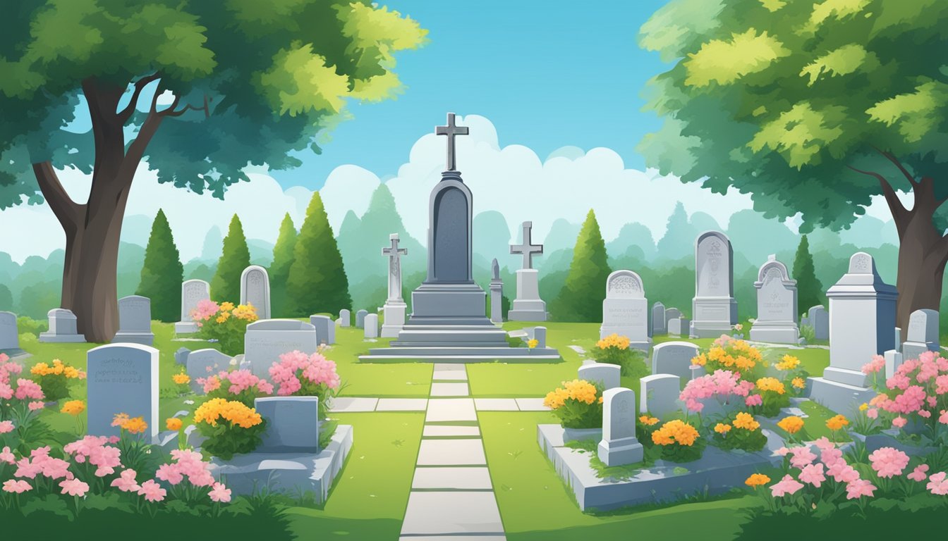 A serene, peaceful cemetery with a variety of headstones and grave markers, surrounded by lush greenery and flowers, under a clear blue sky