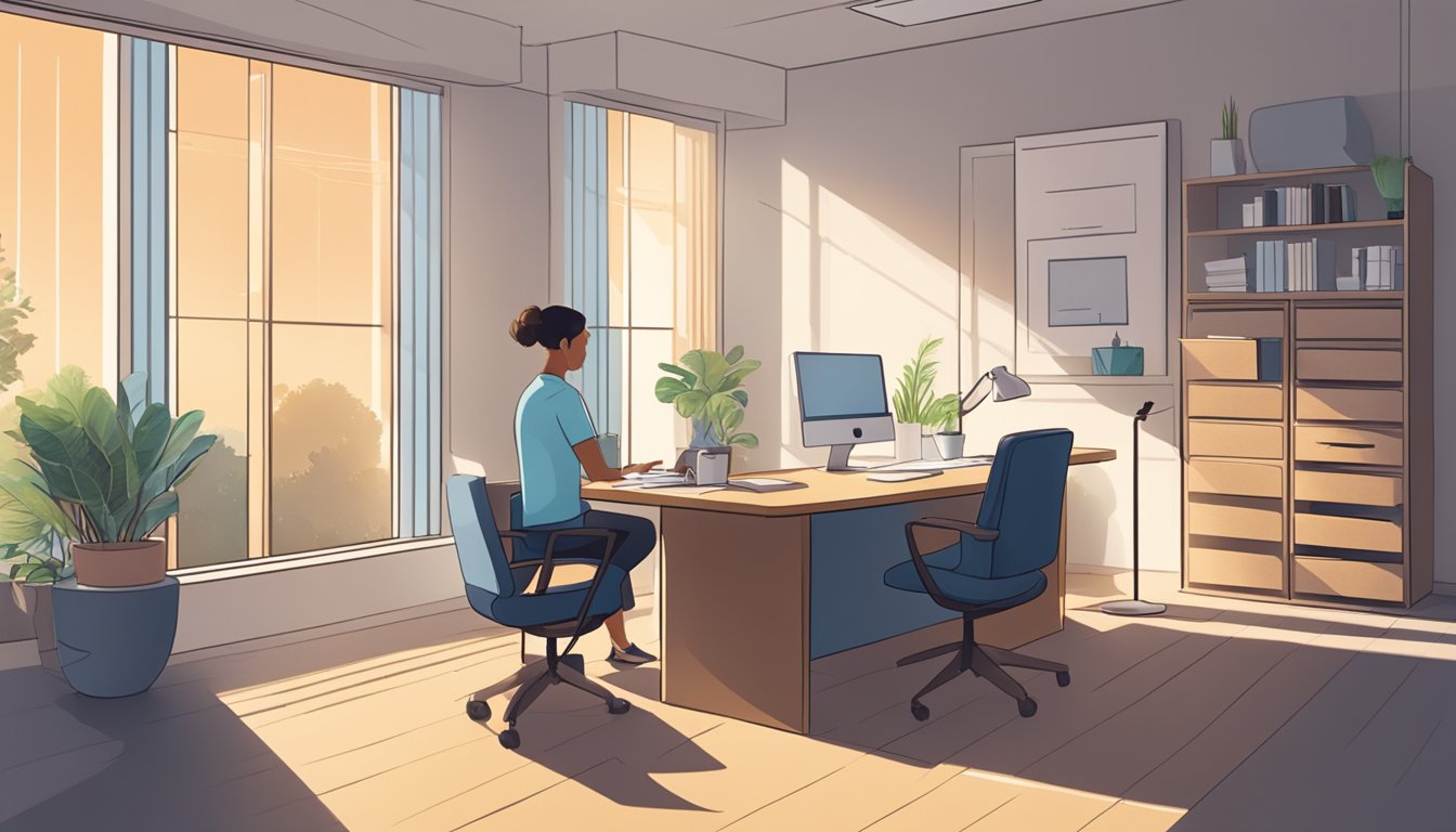 A serene, sunlit office with a desk and chair. A person fills out paperwork, while a representative explains burial insurance options