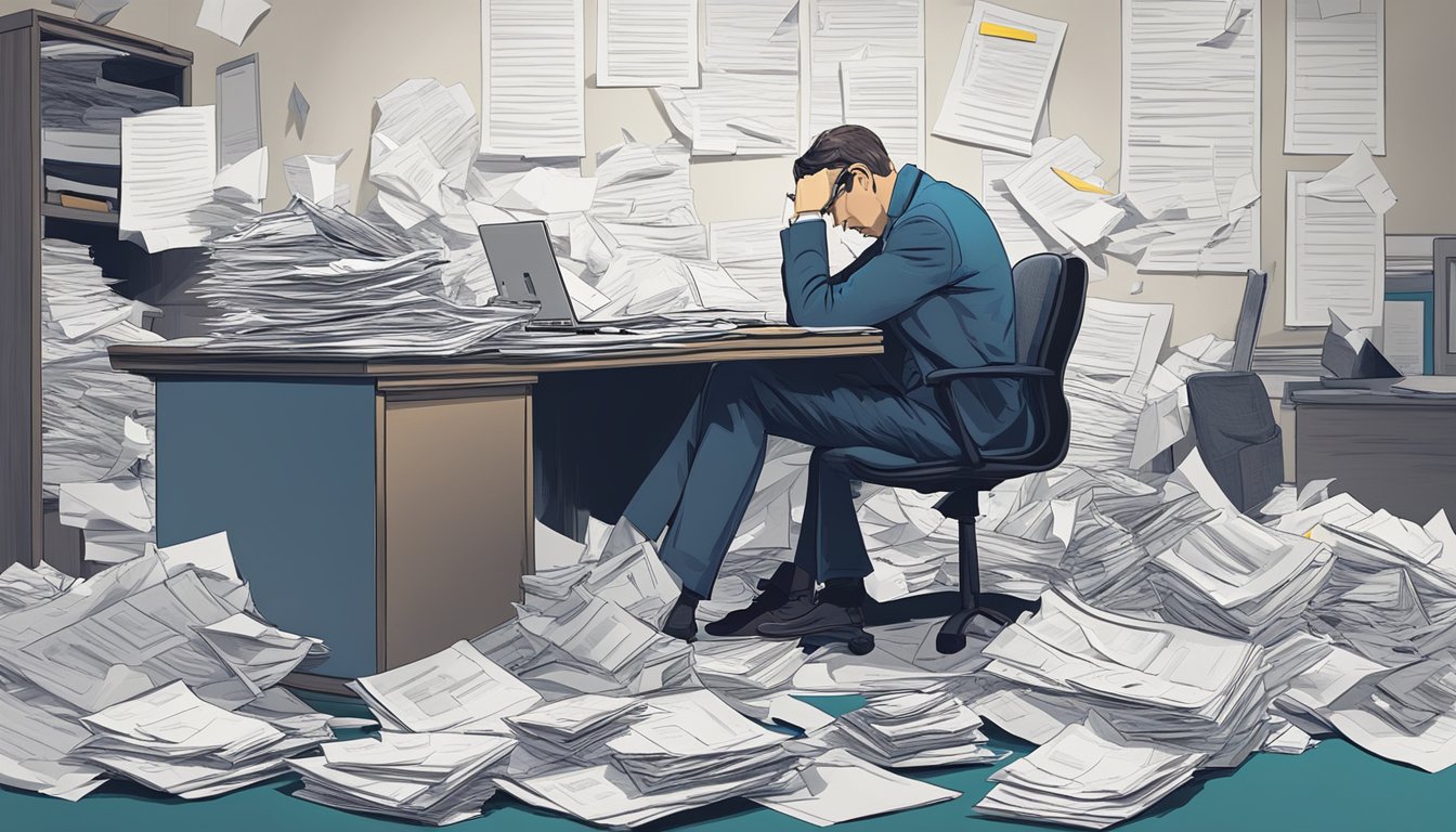 A stack of crumpled papers and a broken pen lie on a desk, while a frustrated figure sits slumped in a chair, surrounded by scattered insurance documents