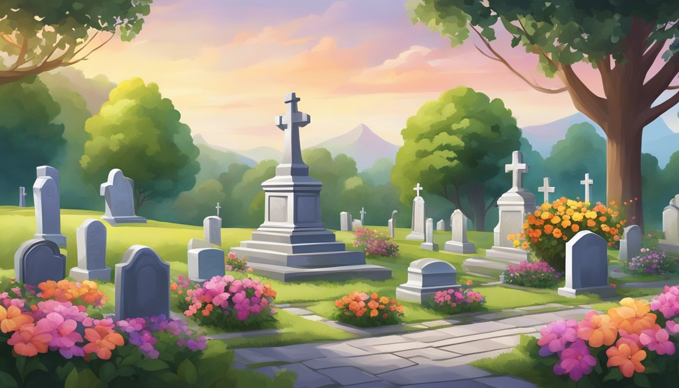 A serene cemetery with a peaceful atmosphere, adorned with colorful flowers and well-maintained headstones, surrounded by lush greenery