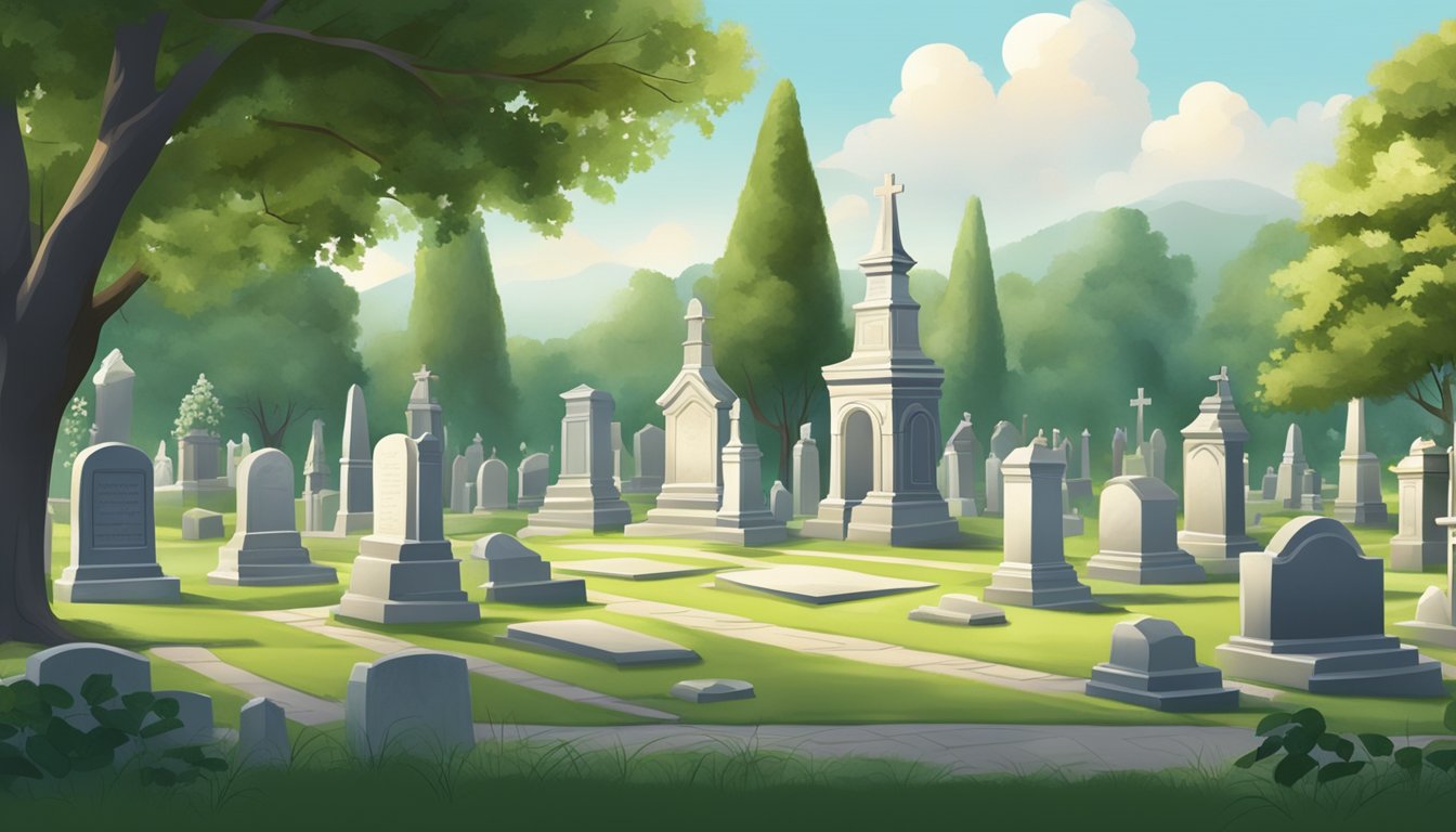 A serene cemetery with a peaceful atmosphere, surrounded by lush greenery and adorned with elegant headstones and monuments