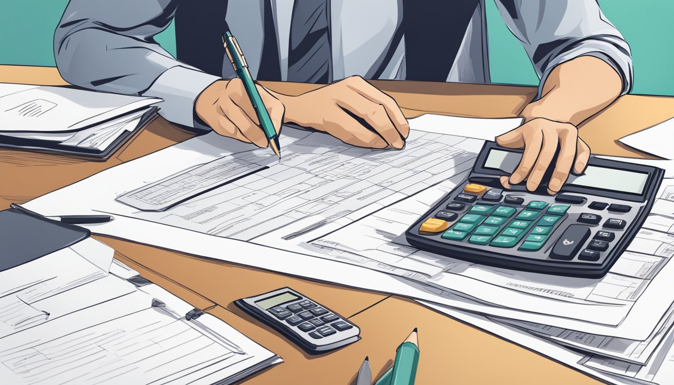 A person reviewing a portfolio of insurance policies and financial documents at a desk with a calculator and pen