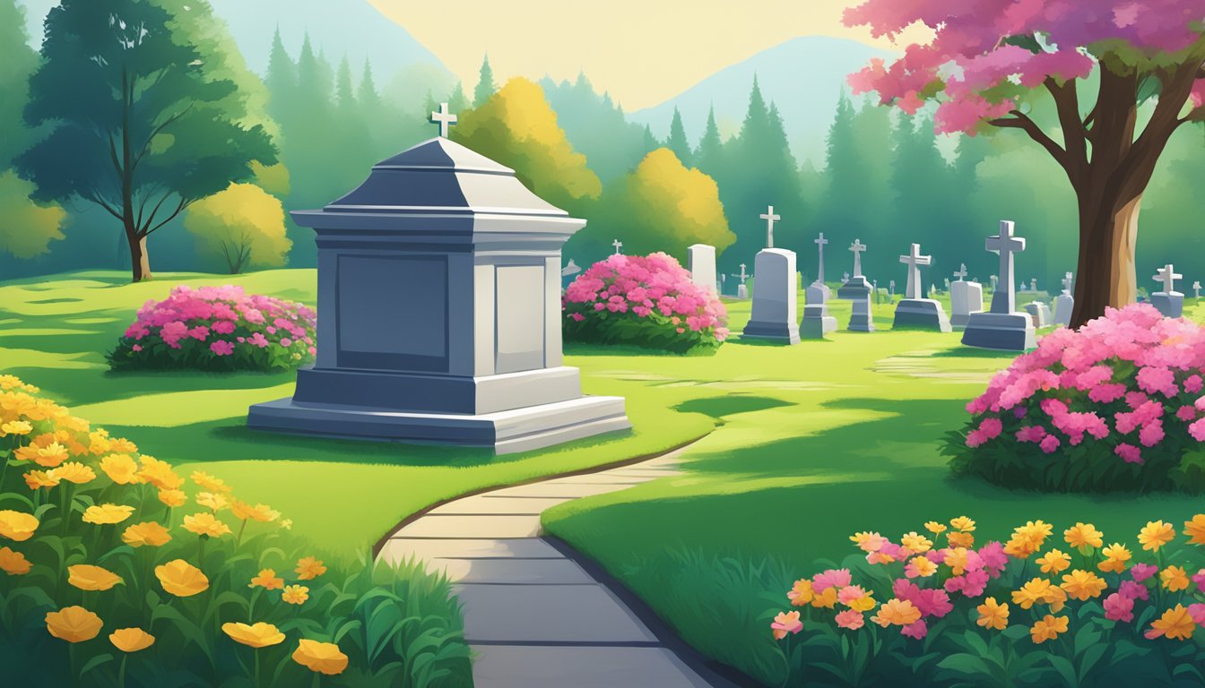 A serene cemetery with vibrant green grass and colorful flowers, a peaceful setting for a burial insurance policy purchase in Oregon