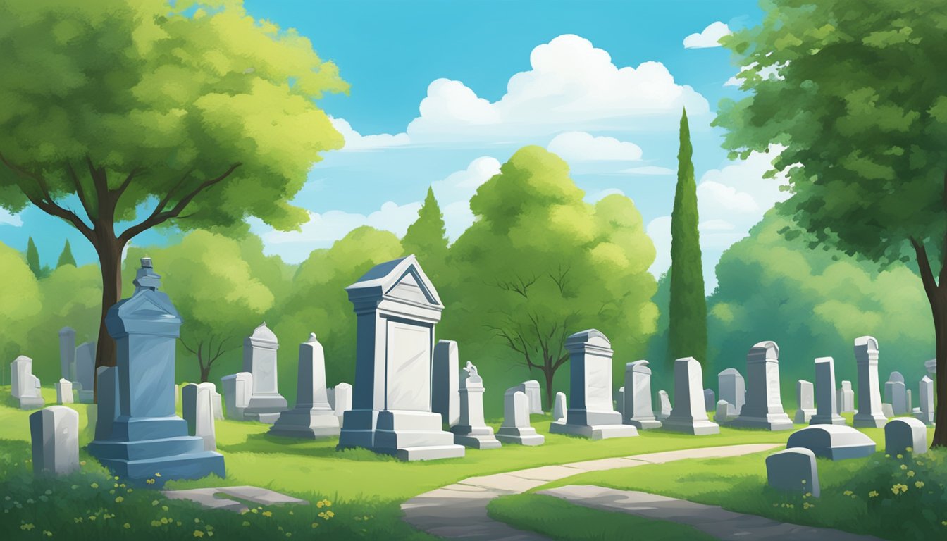 A serene cemetery with a row of headstones under a blue sky, surrounded by lush green trees, with a small burial insurance office in the background